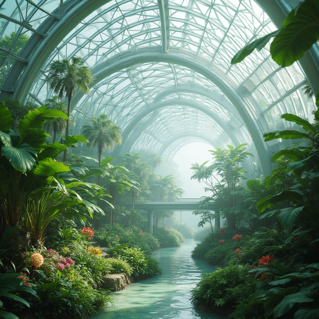 Prompt: Futuristic greenhouse, lush tropical plants, misty atmosphere, iridescent glass panels, curved metal frameworks, sleek minimalistic design, sustainable energy harvesting systems, solar panels, wind turbines, water conservation systems, green roofs, eco-friendly materials, innovative cooling technologies, shaded outdoor spaces, misting systems, vibrant colorful textiles, intricate geometric motifs, panoramic views, shallow depth of field, 3/4 composition, realistic textures, ambient occlusion.