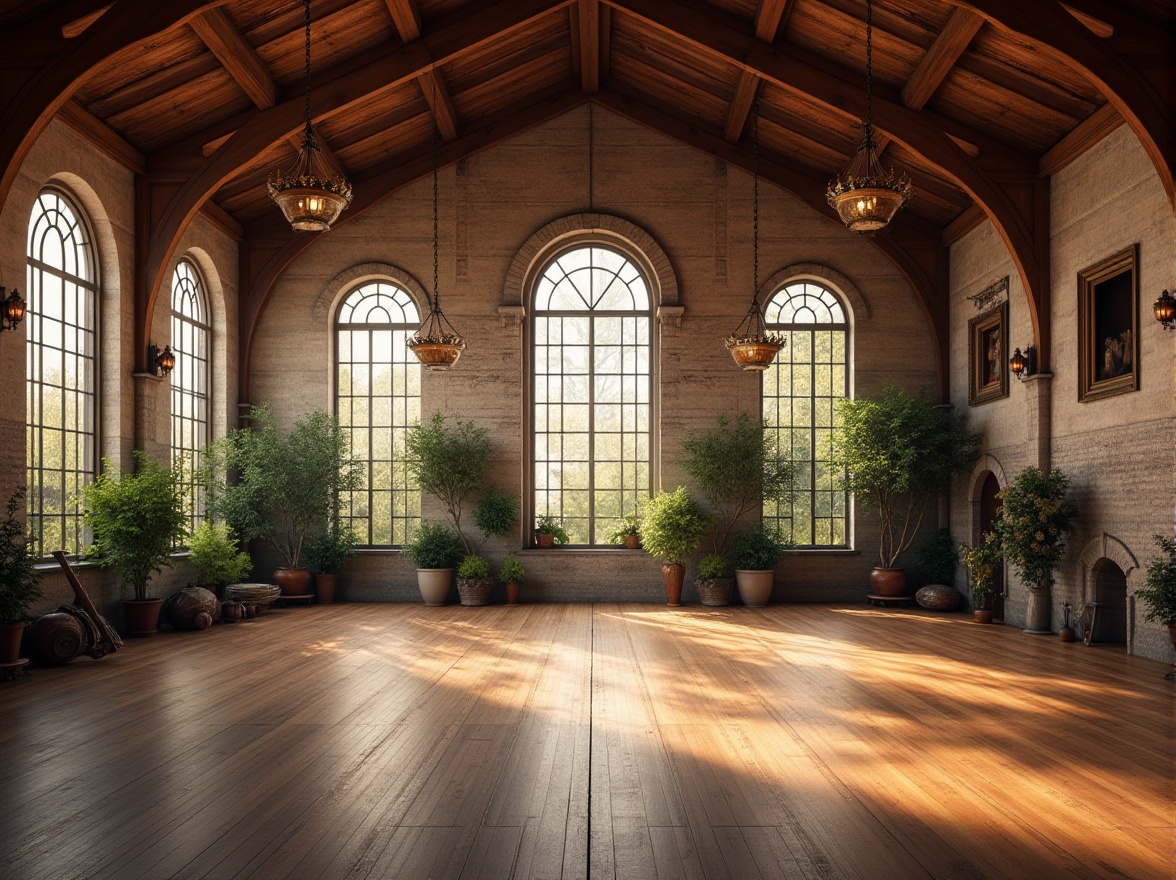 Prompt: Grand gymnasium, high ceilings, wooden beams, large windows, natural lighting, soft warm glow, romantic ambiance, vintage athletic equipment, distressed wood flooring, brick walls, ornate chandeliers, classic lanterns, lush greenery, blooming flowers, elegant archways, sweeping staircases, warm earthy tones, soft focus, shallow depth of field, 1/1 composition, realistic textures, ambient occlusion.