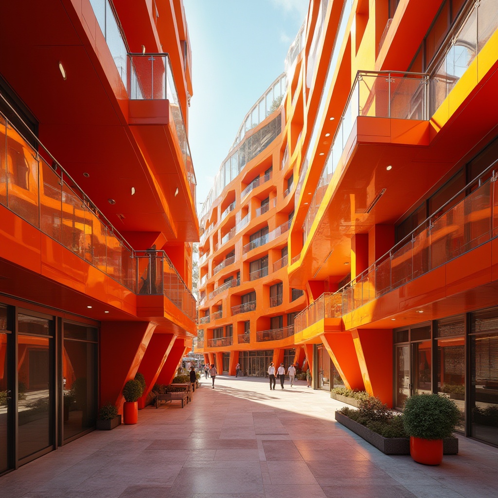 Prompt: Vibrant orange-red buildings, modern dynamic architecture, bold color blocking, abstract geometric patterns, glossy metallic accents, sleek minimalist design, urban cityscape, bustling streets, warm sunny day, shallow depth of field, 1/1 composition, realistic textures, ambient occlusion, industrial materials, exposed ductwork, polished concrete floors, stainless steel railings, futuristic vibe, neon lighting, dramatic shadows.