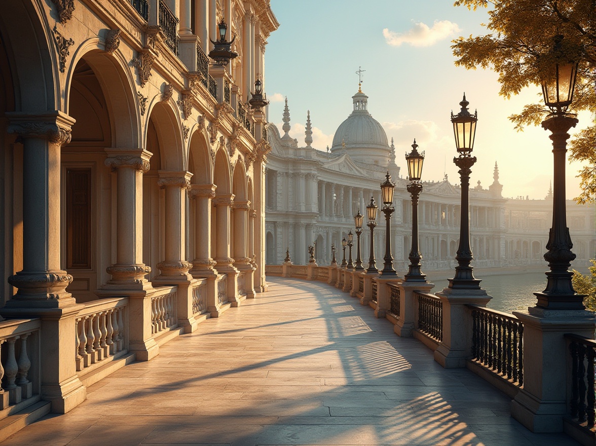 Prompt: Grand neoclassical bridge, ornate arches, elegant balustrades, intricate carvings, Corinthian columns, ornamental lanterns, decorative metalwork, majestic stone statues, refined iron railings, symmetrical composition, warm golden lighting, soft focus, atmospheric perspective, 1/2 composition, realistic textures, ambient occlusion.