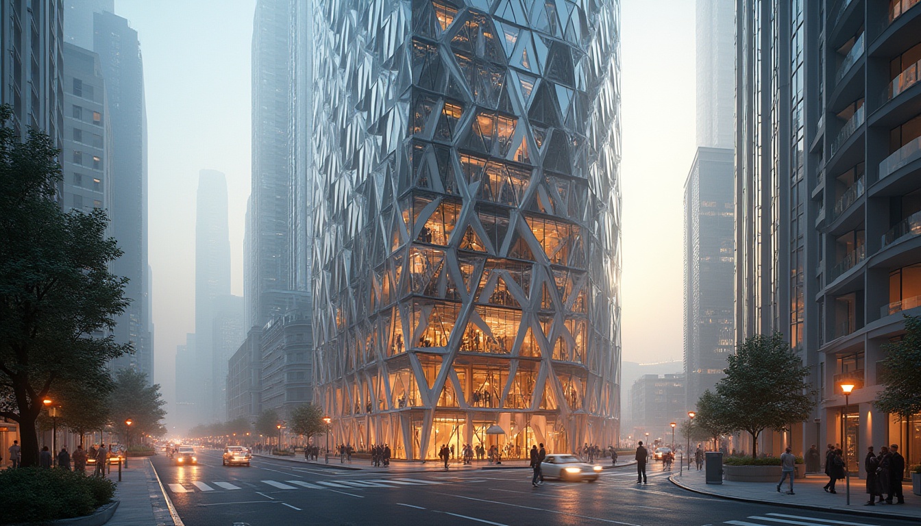 Prompt: Glass facade, metallic latticework, LED light installations, abstract geometric patterns, futuristic skyscraper, urban cityscape, busy streets, morning fog, soft golden lighting, shallow depth of field, 1/2 composition, realistic reflections, ambient occlusion, modern minimalist design, sleek lines, angular forms, steel beams, concrete structures, dynamic visual effects, interactive digital displays, transparent glass walls, open atriums, green roofs, eco-friendly materials, innovative energy harvesting systems.