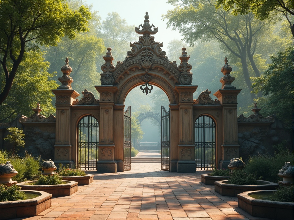 Prompt: Grand zoo entrance, ornate iron gates, majestic stone columns, intricate carvings, vibrant greenery, exotic animals, naturalistic habitats, rustic wooden bridges, meandering water features, classical architectural elements, symmetrical facades, ornamental fountains, statues of zoo animals, warm sunlight, soft misty atmosphere, shallow depth of field, 1/1 composition, realistic textures, ambient occlusion.