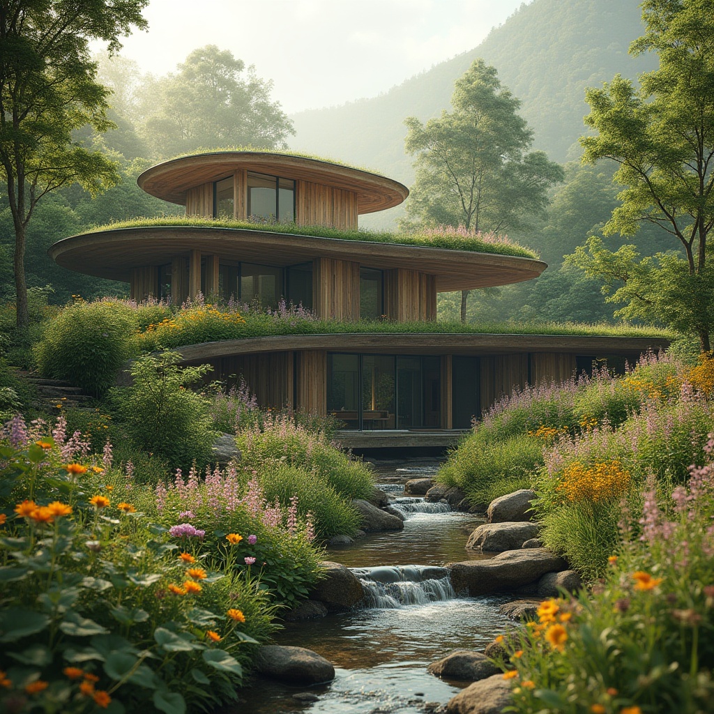 Prompt: Seamless landscape integration, blending modern architecture with nature, lush greenery, vibrant wildflowers, meandering streams, rustic wooden bridges, weathered stone walls, curved lines, organic forms, earthy tones, natural materials, reclaimed wood, living roofs, verdant walls, eco-friendly design, sustainable practices, panoramic views, soft warm lighting, shallow depth of field, 3/4 composition, realistic textures, ambient occlusion.