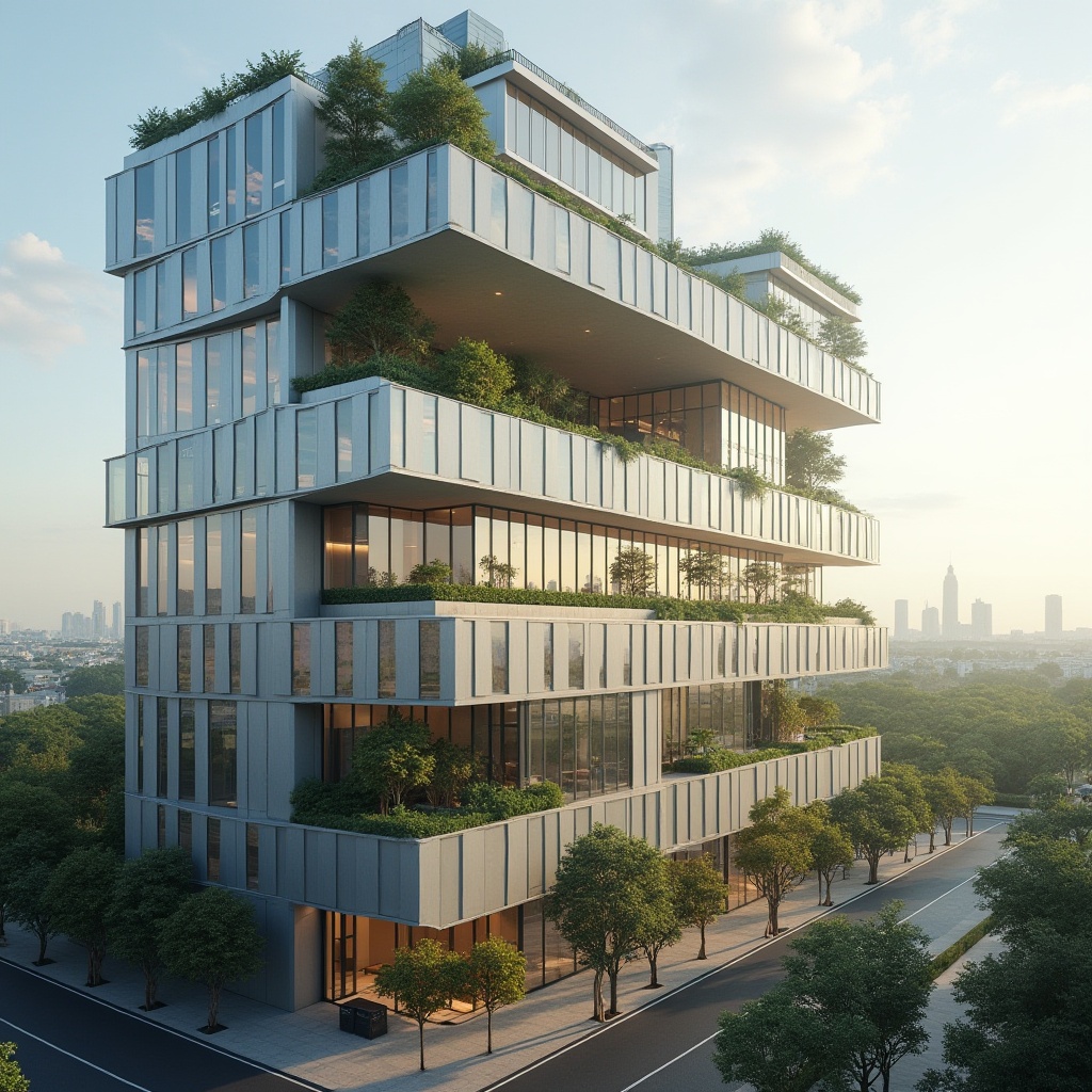 Prompt: Modern building facade, sleek glass curtain walls, metallic frames, minimalist design, neutral color palette, reflective surfaces, angular lines, cantilevered roofs, green roofs, living walls, vertical gardens, urban skyline, cityscape background, warm sunny day, soft natural lighting, shallow depth of field, 1/1 composition, realistic textures, ambient occlusion.