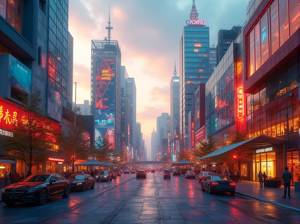 Prompt: Vibrant urban landscape, modern architectural design, bold color schemes, contrasting textures, reflective glass facades, neon lights, bustling city streets, pedestrian traffic, abstract sculptures, geometric patterns, gradient skies, warm ambient lighting, shallow depth of field, 2/3 composition, cinematic view, realistic materials, subtle atmospheric effects.