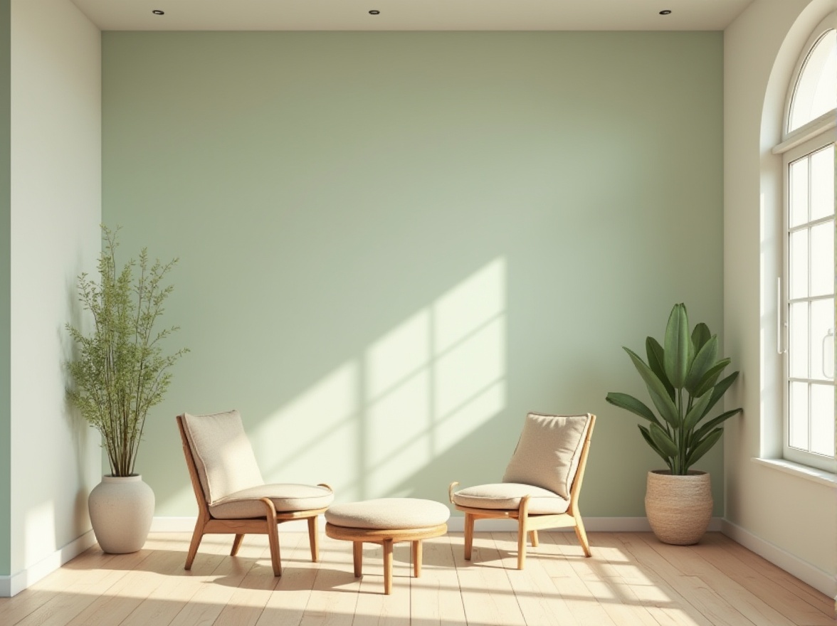 Prompt: Soft mint walls, creamy white accents, pale greenery, natural wood tones, earthy terracotta floors, minimalist decor, calming atmosphere, warm beige furniture, subtle texture contrasts, organic shapes, softbox lighting, 1/1 composition, shallow depth of field, realistic renderings, ambient occlusion.