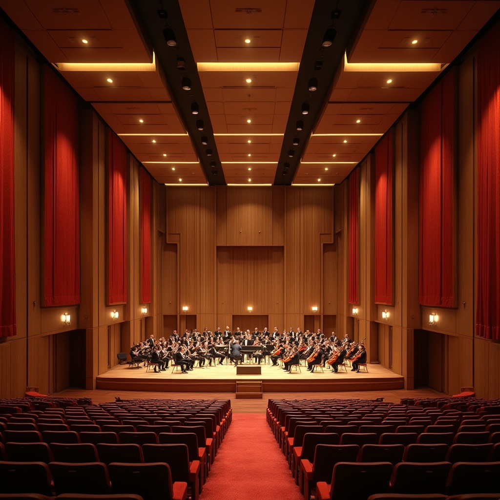 Prompt: Luxurious concert hall, rich wood paneling, sound-absorbing materials, plush velvet curtains, tiered seating, grand piano, orchestral stage, dramatic lighting design, warm golden ambiance, subtle echo, optimized reverberation time, 3D audio simulation, immersive sound experience, state-of-the-art audio equipment, acoustic diffusers, soundproofing insulation, elegant chandeliers, refined architectural details.