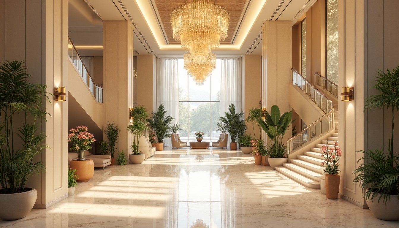 Prompt: Luxurious hotel lobby, grand chandeliers, cream marble floors, elegant staircase, floor-to-ceiling windows, natural light pouring in, warm beige walls, comfortable seating areas, lush greenery, vibrant flowers, modern minimalist decor, sleek metal accents, subtle LED lighting, soft warm glow, shallow depth of field, 1/1 composition, realistic textures, ambient occlusion.