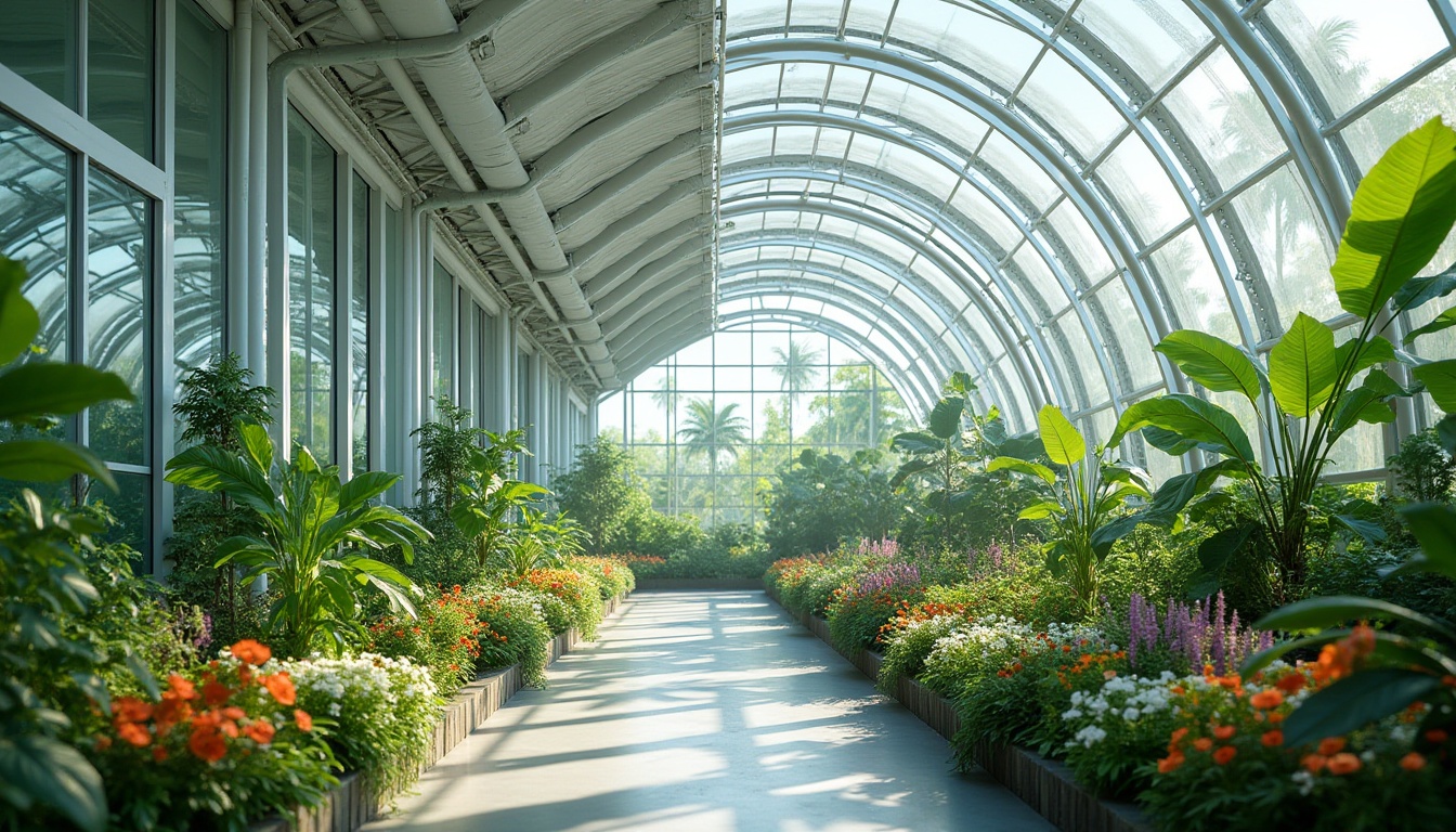 Prompt: Futuristic greenhouse, curved glass domes, transparent aluminum frames, lush tropical plants, vibrant flowers, hydroponic systems, misting irrigation, LED grow lights, solar panels, wind turbines, recycled plastic materials, eco-friendly insulation, minimalistic interior design, sleek metal accents, futuristic control systems, automated climate control, optimized air circulation, natural ventilation, soft diffused lighting, 3/4 composition, shallow depth of field, realistic textures, ambient occlusion.