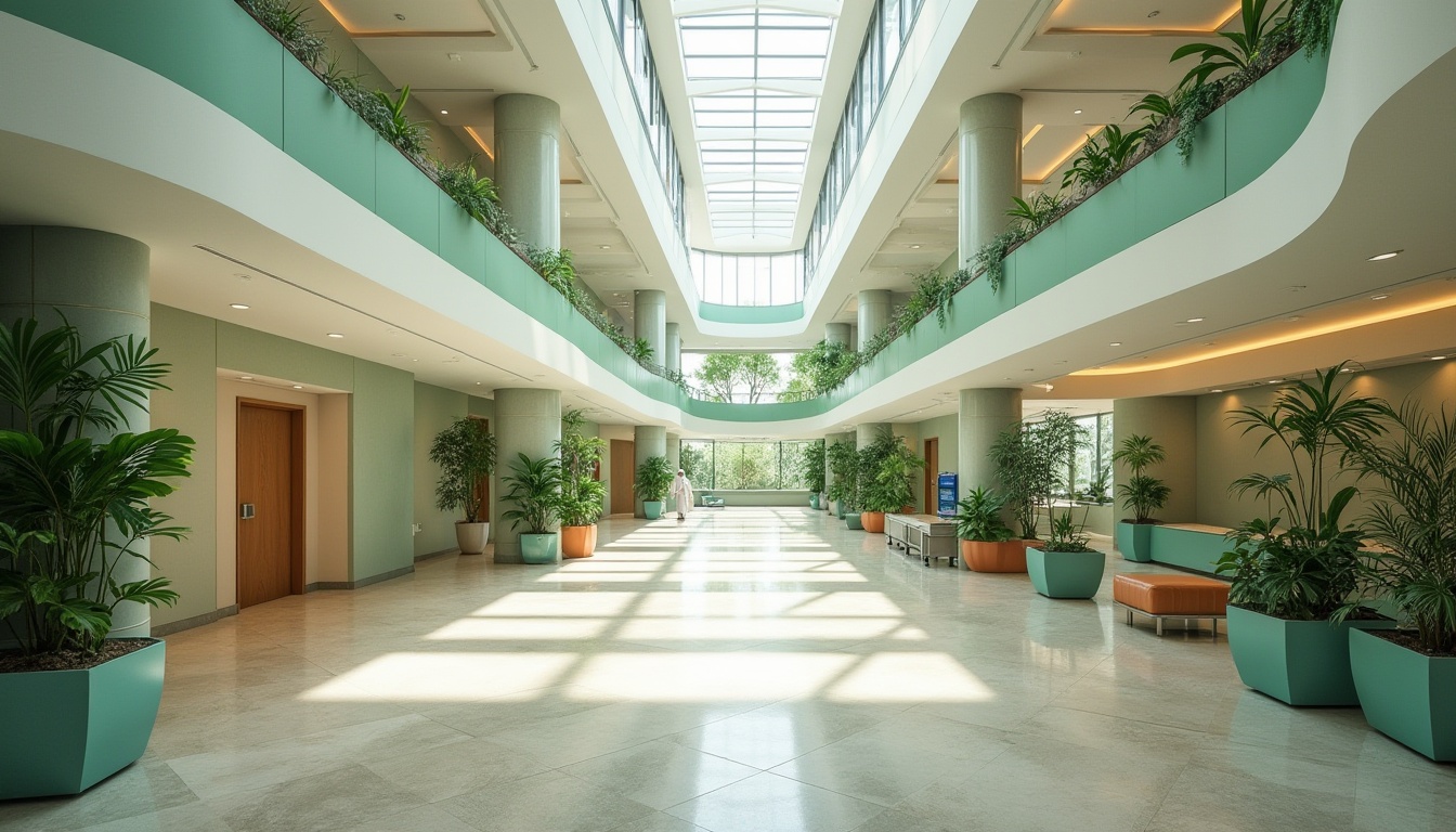 Prompt: Spacious hospital lobby, high ceilings, clerestory windows, skylights, natural stone flooring, green walls, living plants, minimal obstructions, open floor plans, curved lines, soft warm lighting, shallow depth of field, 3/4 composition, panoramic view, realistic textures, ambient occlusion, medical equipment, patient rooms, recovery areas, nurse stations, waiting lounges, calming color schemes, soothing artwork, peaceful ambiance.