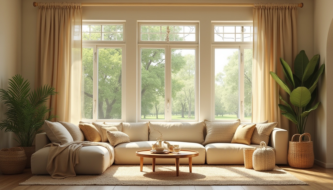 Prompt: Cozy living room, large windows, soft diffused light, warm beige walls, comfortable couches, vibrant greenery, natural textiles, woven baskets, earthy tones, organic shapes, minimalist decor, bright skylight, indirect sunlight, ambient glow, 1/1 composition, shallow depth of field, realistic materials, subtle shadows.