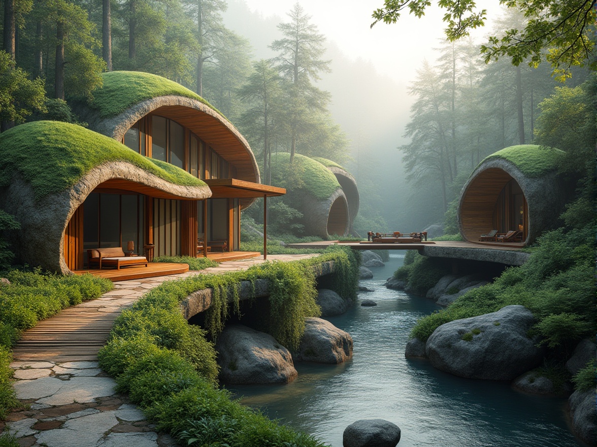 Prompt: Sweeping curves, organic forms, natural stone walls, lush green roofs, cantilevered structures, overhanging eaves, wooden accents, minimalist design, seamless transitions, blending boundaries, forest surroundings, misty mornings, soft diffused light, warm earth tones, native plant species, meandering pathways, rustic wooden bridges, serene water features, gentle streams, tranquil atmosphere, 1/1 composition, symmetrical balance, realistic textures, ambient occlusion.