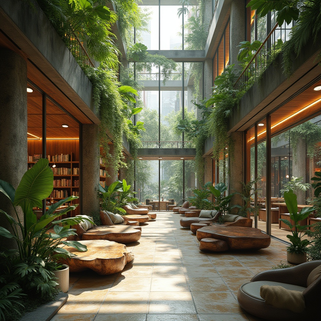 Prompt: Natural light-filled atrium, lush green walls, organic-shaped wooden furniture, reclaimed wood accents, living plants, botanical patterns, earthy color palette, natural stone flooring, rustic metal decor, cozy reading nooks, floor-to-ceiling windows, panoramic city views, soft warm lighting, shallow depth of field, 1/1 composition, realistic textures, ambient occlusion.