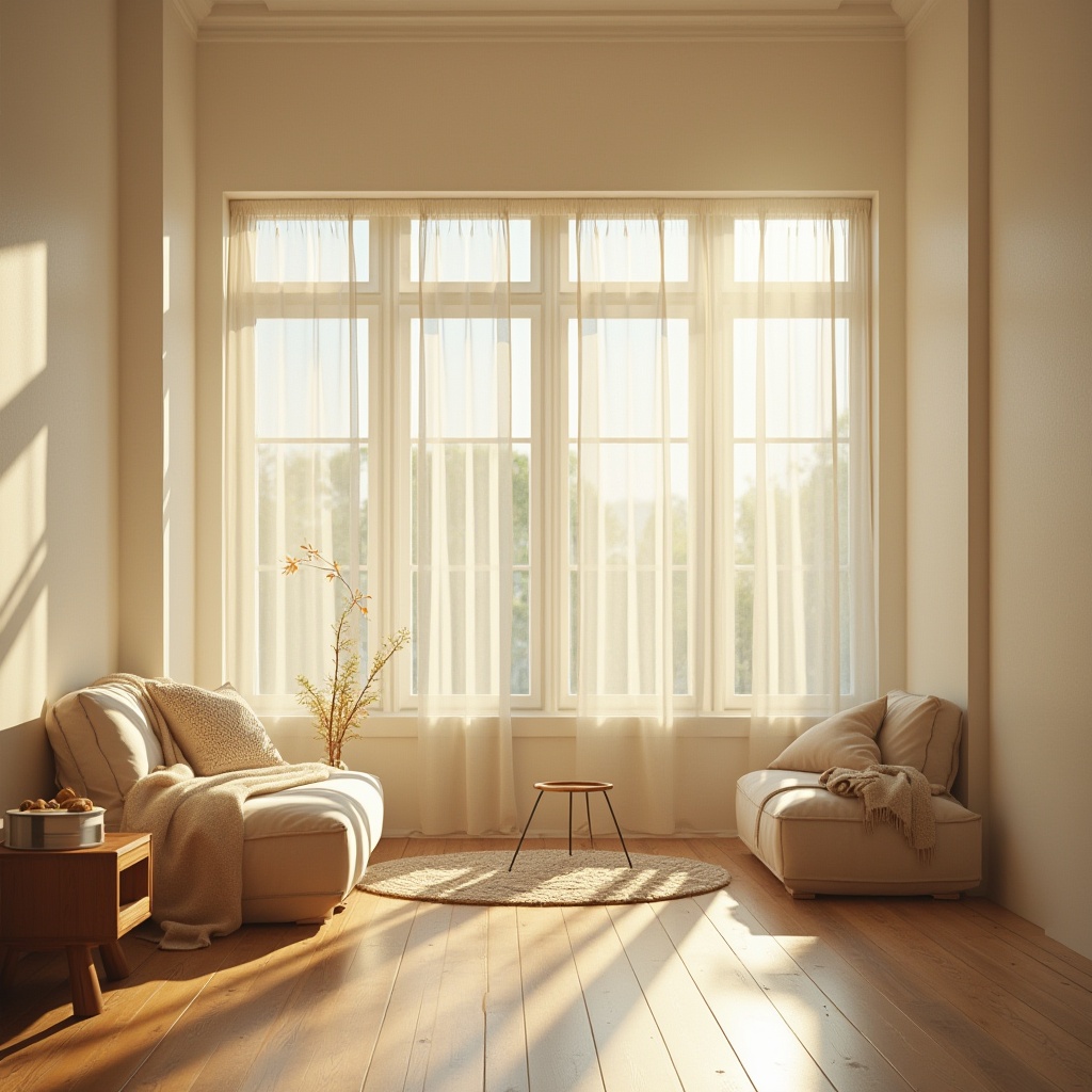 Prompt: Bright airy interior, large windows, translucent curtains, soft diffused light, warm sunbeams, gentle shadows, cream-colored walls, polished wooden floors, minimalist decor, cozy reading nook, comfortable seating area, natural textiles, earthy color palette, morning ambiance, indirect illumination, 1/2 composition, shallow depth of field, realistic materials.