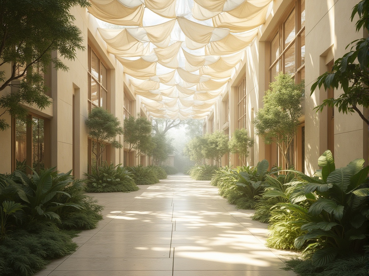 Prompt: Ethereal atrium, dappled natural light, latticework shading, airy openness, suspended fabric ceilings, diaphanous walls, gleaming glass surfaces, subtle reflections, minimalist decor, verdant greenery, organic textures, soft warm ambiance, 1/1 composition, shallow depth of field, panoramic view.