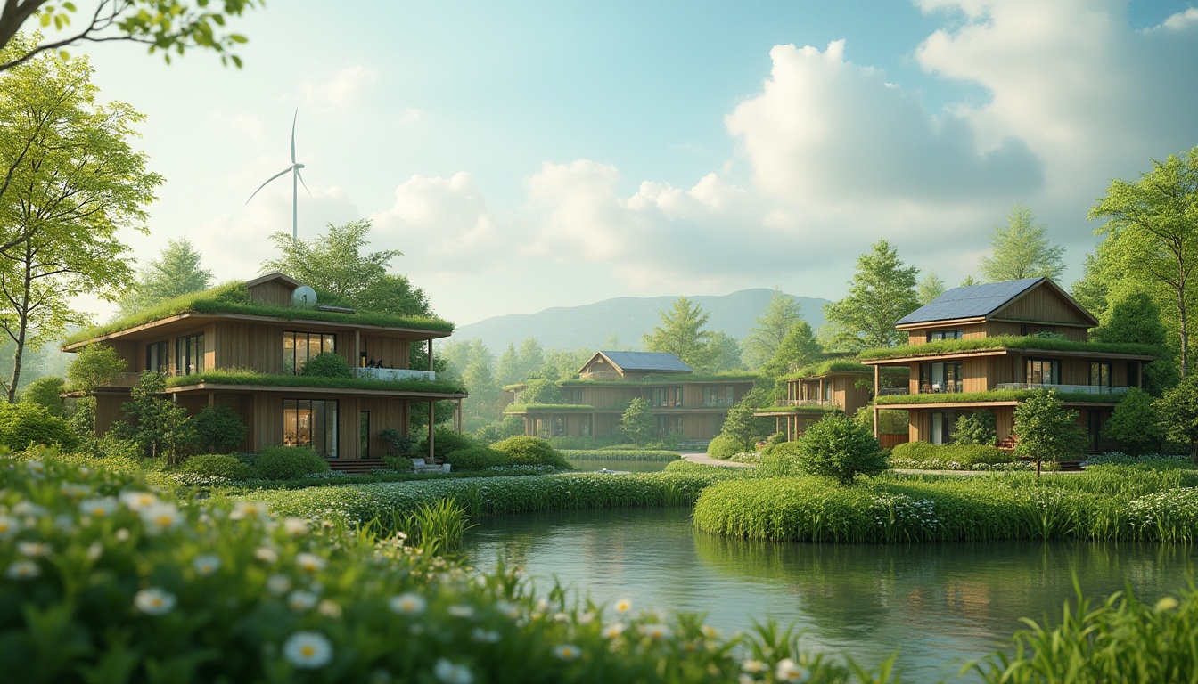 Prompt: Eco-friendly buildings, green roofs, solar panels, wind turbines, water conservation systems, recycled materials, natural ventilation, large windows, minimal carbon footprint, sustainable urban planning, organic gardens, lush vegetation, serene atmosphere, soft natural lighting, shallow depth of field, 3/4 composition, panoramic view, realistic textures, ambient occlusion.