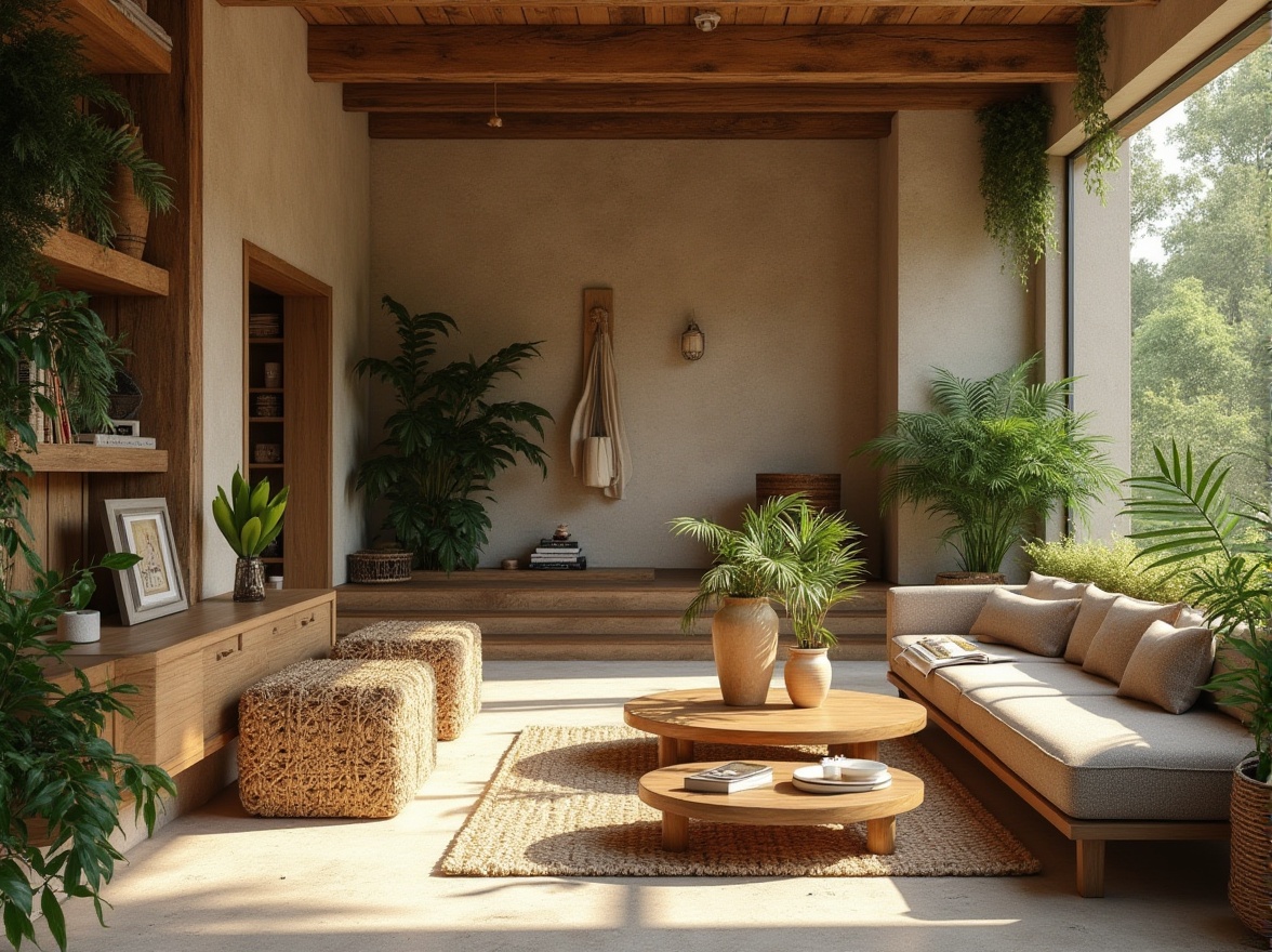 Prompt: Earth-toned interior, reclaimed wood accents, natural stone walls, woven bamboo furniture, organic shapes, living green walls, lush indoor plants, earthy color palette, warm lighting, cozy atmosphere, sustainable design principles, eco-friendly materials, minimal ornamentation, emphasis on texture, neutral background, 1/1 composition, soft focus, realistic rendering.