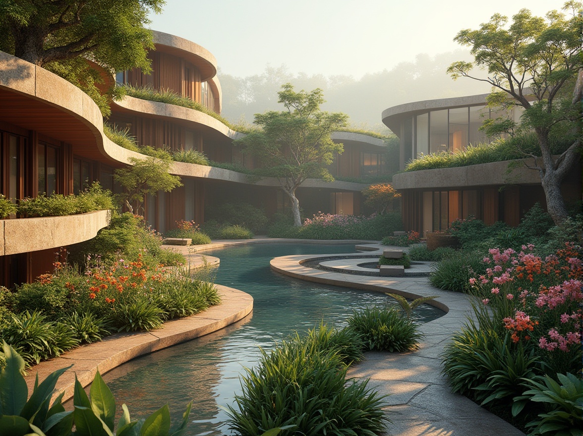 Prompt: Harmonious fusion of architecture and nature, curved lines, organic shapes, earthy tones, natural materials, wooden accents, living walls, green roofs, water features, serene atmosphere, soft diffused lighting, misty morning, shallow depth of field, 1/2 composition, atmospheric perspective, vibrant colorful blooms, lush vegetation, subtle texture variations.