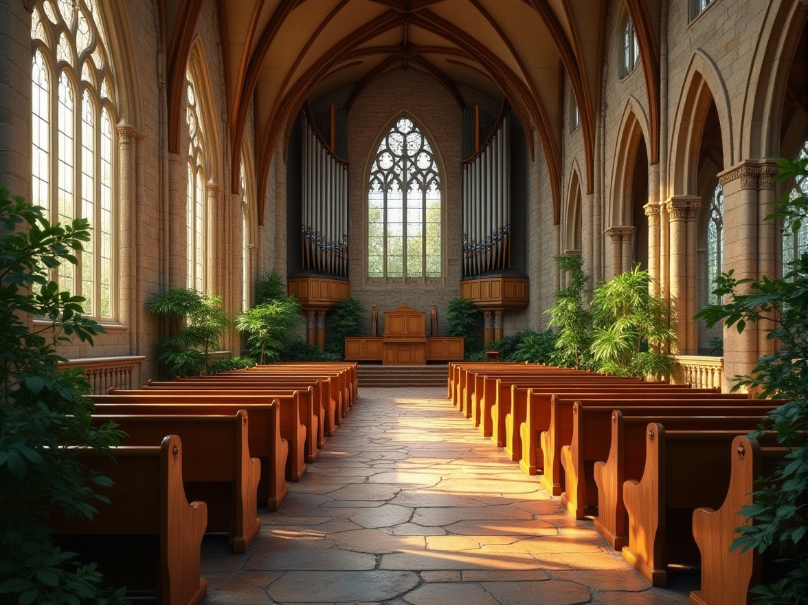 Prompt: Curved wooden pews, natural stone walls, stained glass windows, vaulted ceilings, grand pipe organs, ornate carvings, earthy color palette, lush greenery, tranquil atmosphere, soft warm lighting, shallow depth of field, 1/1 composition, realistic textures, ambient occlusion, rustic materials, wooden accents, floral patterns, intricate stone carvings, whimsical shapes, flowing lines, organic structures, peaceful ambiance.