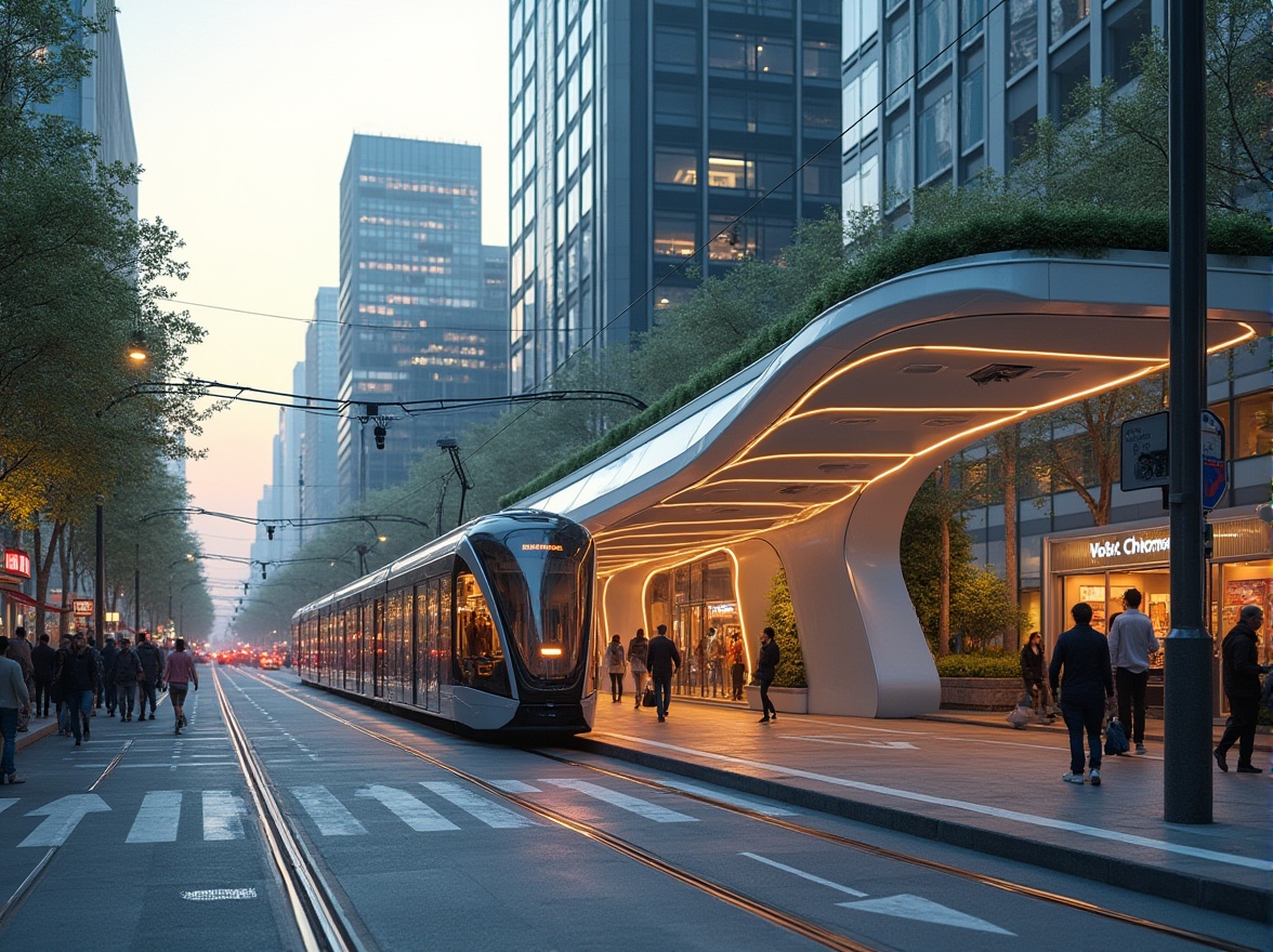 Prompt: Futuristic tram station, sleek metallic fa\u00e7ade, dynamic LED lighting, angular lines, minimalist design, green roofs, eco-friendly materials, innovative cooling technologies, shaded outdoor spaces, misting systems, cantilevered canopies, transparent glass walls, sliding doors, modern signage, urban cityscape, busy streets, rush hour atmosphere, soft warm lighting, shallow depth of field, 3/4 composition, panoramic view, realistic textures, ambient occlusion.