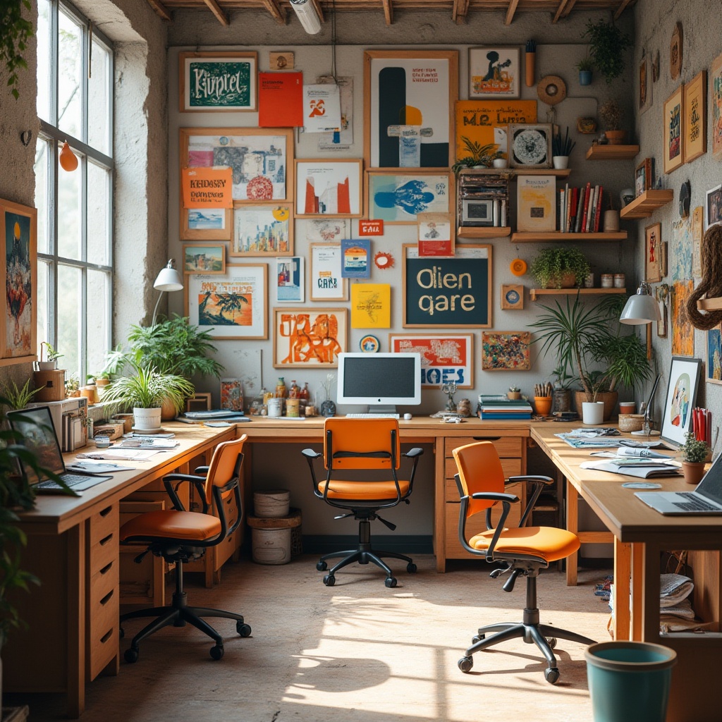 Prompt: Vibrant creative studio, eclectic art supplies, inspiring color swatches, bold typography, modern minimalist desks, ergonomic chairs, natural wood accents, abundant daylight, soft warm lighting, 1/1 composition, shallow depth of field, realistic textures, ambient occlusion.