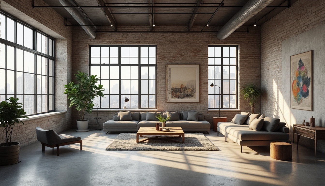 Prompt: Industrial chic loft, exposed brick walls, polished concrete floors, high ceilings, metal beams, minimalist decor, functional simplicity, modernist aesthetic, abundant natural light, floor-to-ceiling windows, urban skyline views, open-plan living, fluid spaces, geometric shapes, monochromatic color scheme, sleek lines, industrial lighting fixtures, vintage furniture pieces, distressed wood accents, eclectic art collections, airy atmosphere, soft warm lighting, shallow depth of field, 3/4 composition, realistic textures.