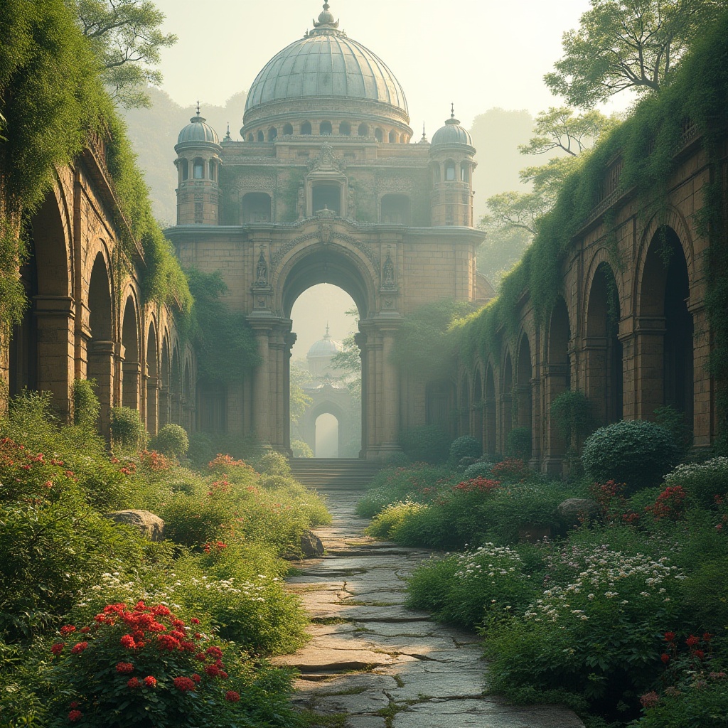 Prompt: Ancient monument ruins, lush greenery integration, weathered stone walls, mystical arches, ornate carvings, fusion architecture, modern sleek lines, glass domes, steel beams, vibrant flower blooms, misty dawn atmosphere, soft warm lighting, shallow depth of field, 3/4 composition, panoramic view, realistic textures, ambient occlusion, cultural heritage preservation, eco-friendly materials, innovative irrigation systems, water features, walking paths, scenic overlooks.