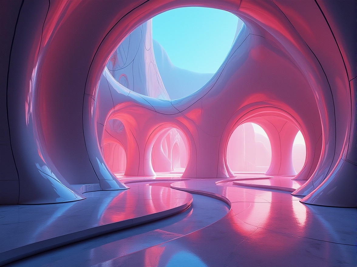 Prompt: Sweeping arches, flowing curves, organic shapes, undulating lines, futuristic architecture, metallic materials, reflective surfaces, dynamic lighting effects, neon accents, vibrant color schemes, abstract patterns, intricate details, luxurious textures, high-gloss finishes, minimalist compositions, atmospheric mist, shallow depth of field, 1/1 composition, soft focus, ambient occlusion.