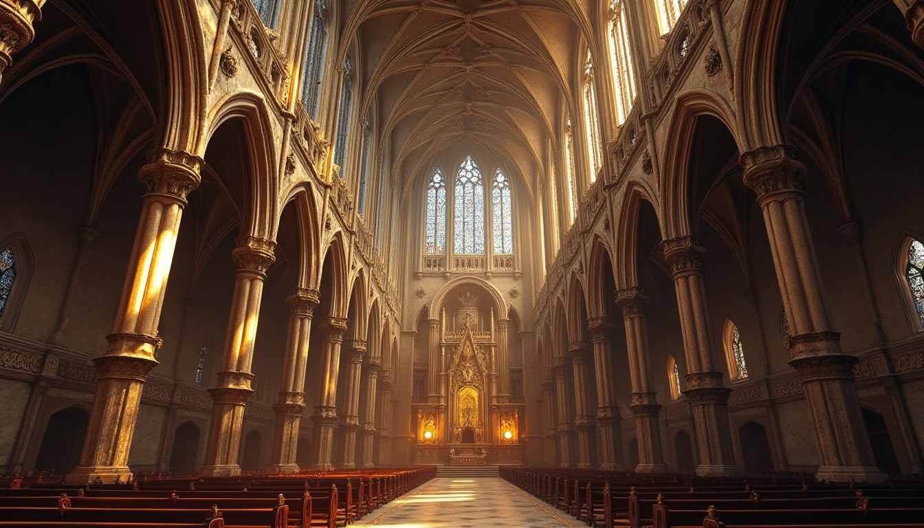 Prompt: Ornate cathedral, ribbed vaults, pointed arches, flying buttresses, stained glass windows, grandiose entrance doors, intricate stone carvings, towering spires, ribcage patterns, dramatic verticality, elaborate tracery, rose windows, majestic bell towers, mystical ambiance, warm golden lighting, high contrast shadows, detailed textures, atmospheric rendering.