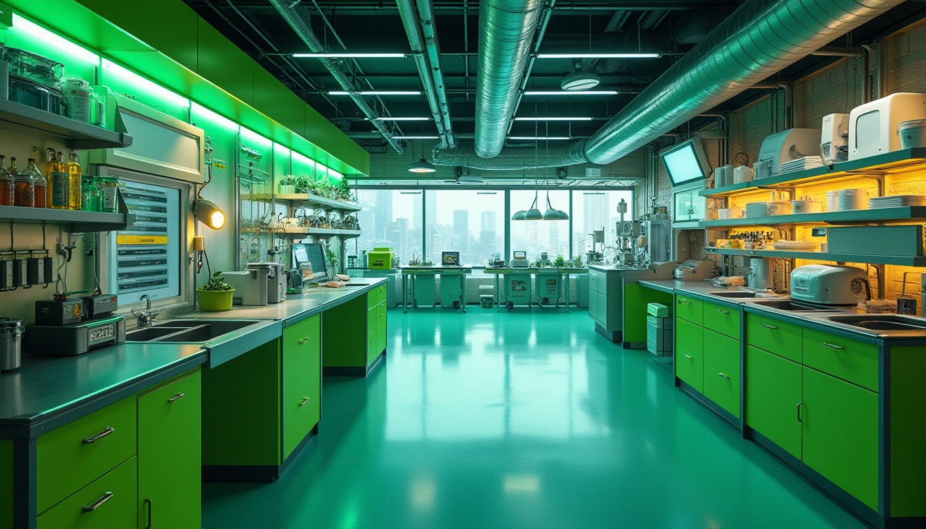 Prompt: Vibrant metabolism laboratory, bold biotech architecture, neon green accents, metallic silver tones, rich wood textures, transparent glass walls, modern minimalist decor, sleek machinery equipment, futuristic laboratory settings, high-contrast color schemes, electric blue hues, warm golden lighting, shallow depth of field, 3/4 composition, panoramic view, realistic reflective surfaces, ambient occlusion.