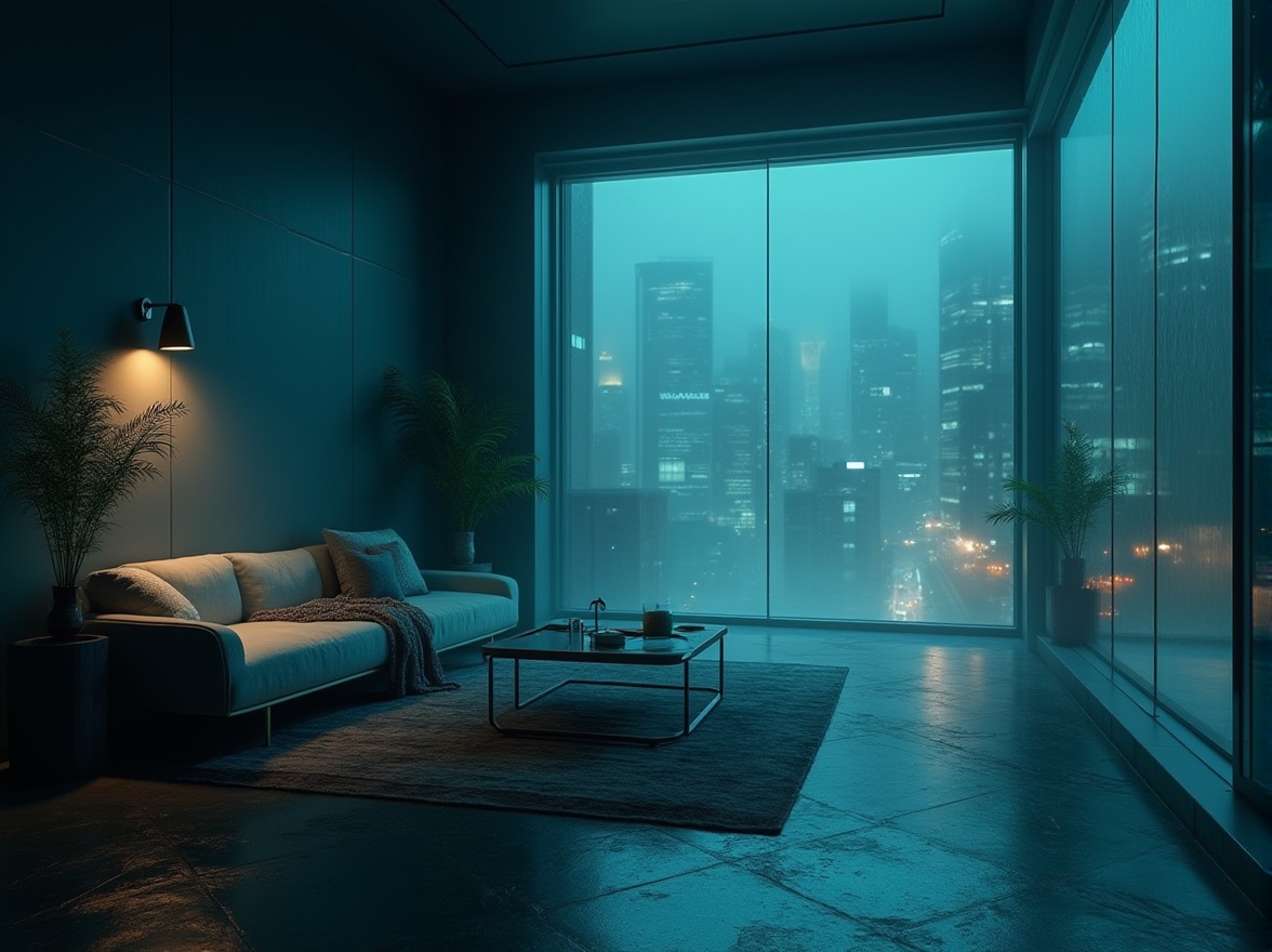 Prompt: Moody dark cyan walls, sleek metal accents, modern minimalist furniture, low-poly geometric decorations, ambient neon lighting, atmospheric mist, mysterious night scene, cinematic depth of field, 1/1 composition, realistic reflective surfaces, subtle gradient maps, futuristic urban landscape, towering skyscrapers, rainy city streets, avant-garde architecture, bold typography, abstract digital patterns.