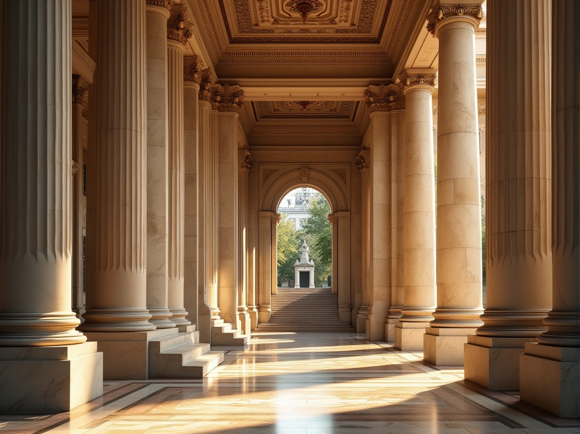 Prompt: Elegant university campus, ornate Corinthian columns, carved marble capitals, rusticated stone bases, symmetrical facade, grand entrance archways, sweeping staircases, high ceilings, intricate moldings, classic pilasters, decorative friezes, subtle earthy tones, warm golden lighting, shallow depth of field, 1/1 composition, realistic textures, ambient occlusion.