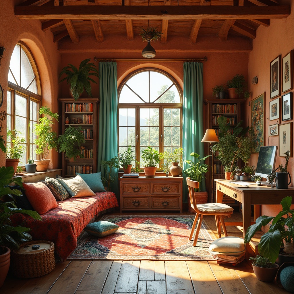 Prompt: Vibrant artistic studio, natural wood accents, earthy terracotta walls, eclectic vintage furniture, lush greenery, bohemian textiles, global-inspired patterns, warm golden lighting, creamy whites, rich charcoal grays, bold turquoise blues, rustic wooden floors, cozy reading nooks, abundant natural light, 1/1 composition, soft focus blur, atmospheric misting.