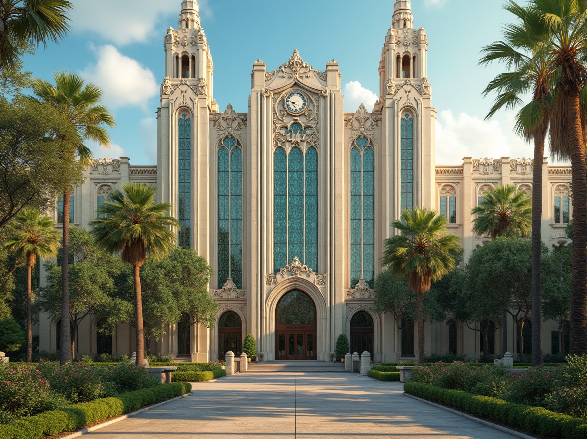 Prompt: Elegant university campus, grandiose Art Deco fa\u00e7ade, ornate metallic details, geometric patterns, vibrant turquoise accents, lavish greenery, majestic clock towers, sweeping archways, refined stone carvings, ornamental railings, symmetrical compositions, warm golden lighting, shallow depth of field, 1/1 composition, realistic textures, ambient occlusion.