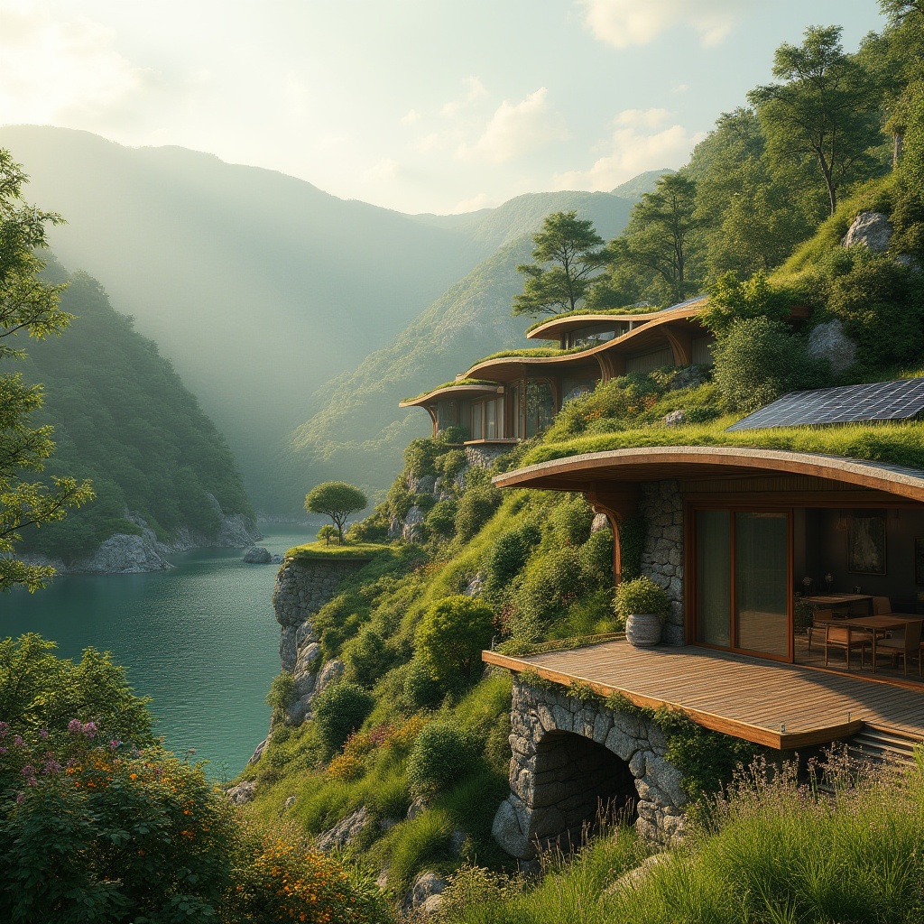 Prompt: Harmonious landscape integration, rolling hills, lush greenery, serene lakeside, wooden decking, cantilevered roofs, natural stone walls, earthy tones, organic architecture, curved lines, sustainable design, eco-friendly materials, solar panels, green roofs, living walls, vibrant wildflowers, misty morning, warm sunlight, shallow depth of field, 1/1 composition, realistic textures, ambient occlusion.