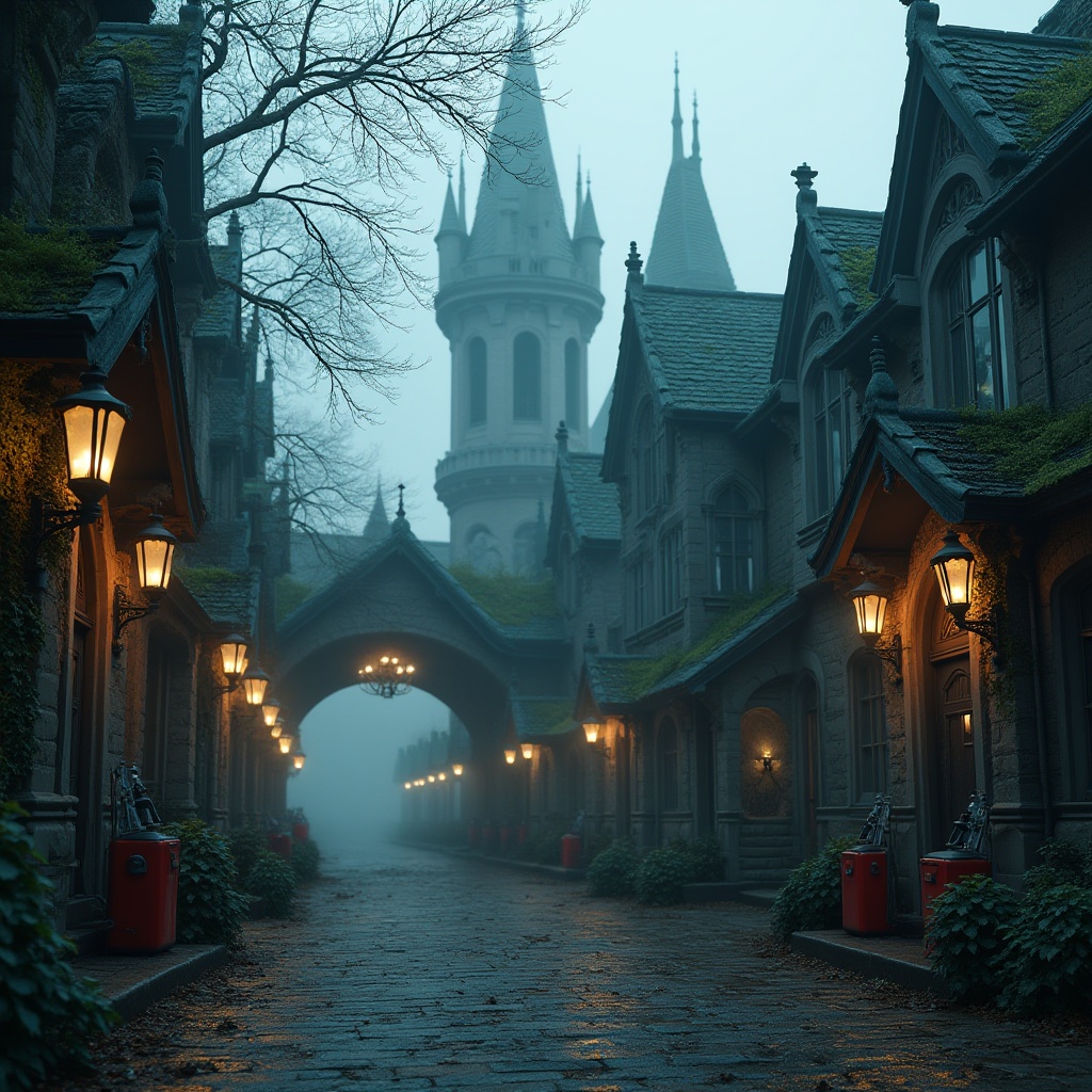 Prompt: Mysterious gas station, Gothic arches, pointed towers, ornate stone carvings, lantern-style lighting, dark grey brick walls, intricate ironwork, overgrown vines, moss-covered roofs, misty atmosphere, foggy morning, soft warm lighting, shallow depth of field, 1/1 composition, cinematic view, realistic textures, ambient occlusion.Please let me know if this meets your requirements or if you need further adjustments!