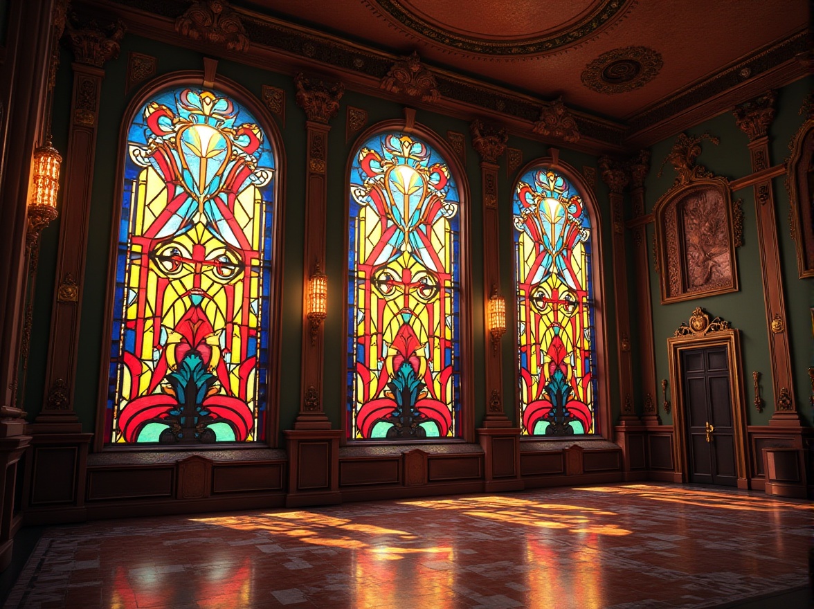 Prompt: Vibrant stained glass windows, Art Deco patterns, geometric shapes, bold colors, ornate metal frames, luxurious materials, opulent interior design, lavish decorations, intricate textures, warm ambient lighting, shallow depth of field, 1/1 composition, realistic reflections, detailed normal maps.