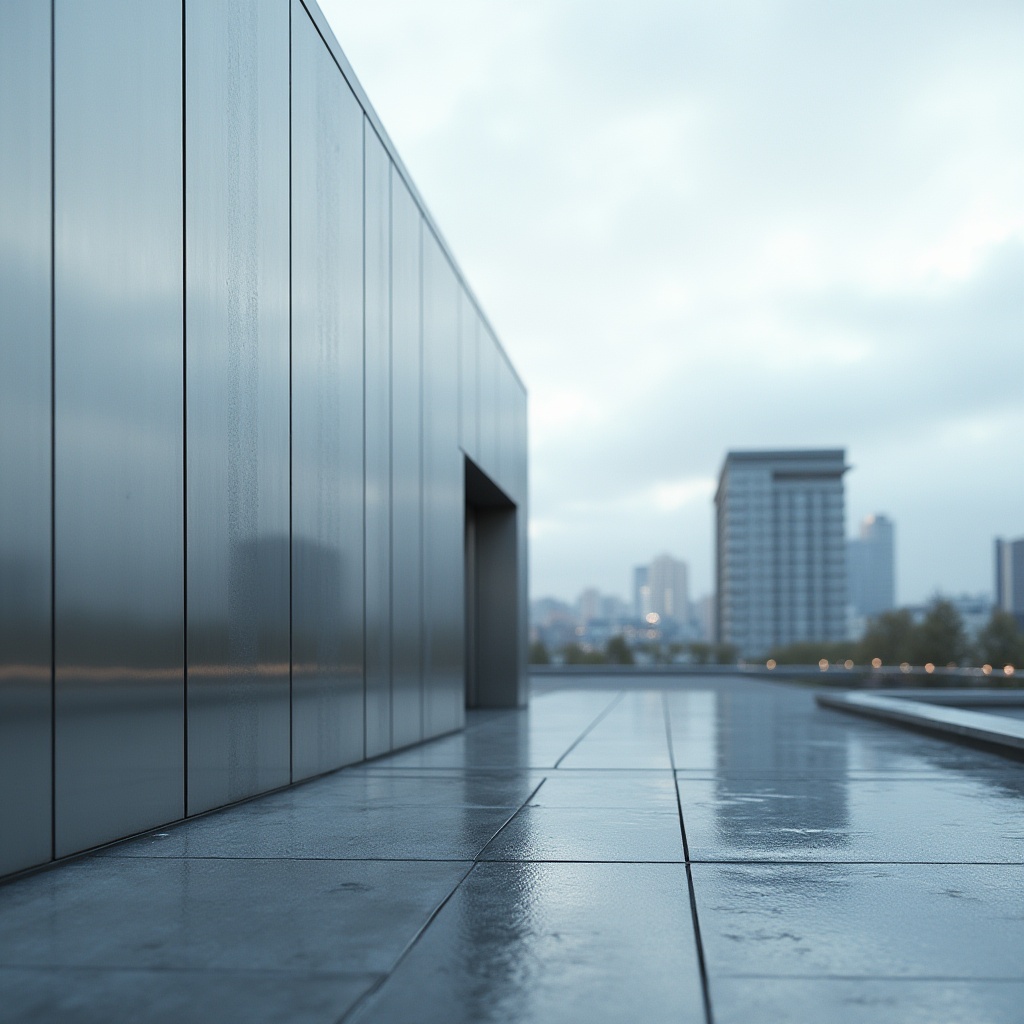 Prompt: Glossy aluminum fa\u00e7ade, metallic sheen, modern industrial aesthetic, sleek lines, minimalist design, silver-gray tone, high-gloss finish, reflective surface, futuristic vibe, urban landscape, cityscape backdrop, cloudy sky, soft diffused lighting, shallow depth of field, 1/1 composition, realistic textures, ambient occlusion.