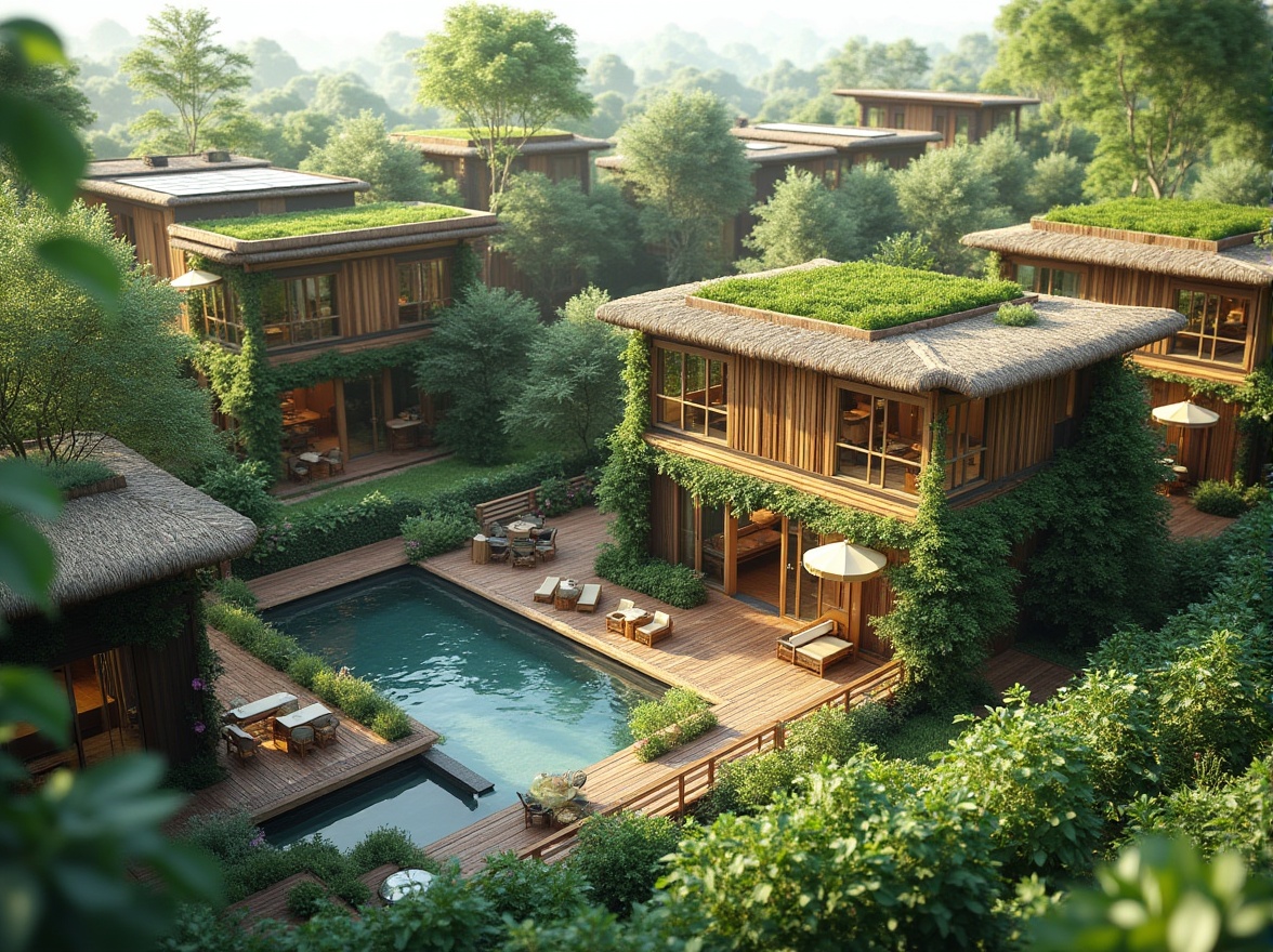 Prompt: Eco-friendly residential community, green roofs, solar panels, rainwater harvesting systems, recycled materials, energy-efficient appliances, minimal waste management, organic gardens, vertical farming, living walls, natural ventilation systems, large windows, clerestory windows, skylights, passive solar design, thermal mass construction, bamboo flooring, reclaimed wood accents, earthy color palette, natural textures, lush greenery, serene atmosphere, soft diffused lighting, shallow depth of field, 1/1 composition, realistic renderings.