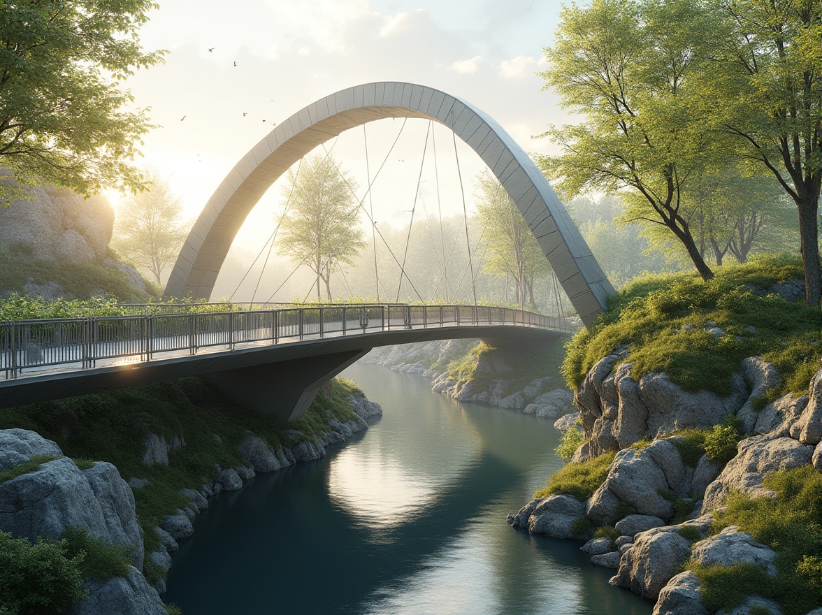 Prompt: Eco-friendly bridge structure, organic curves, natural stone foundations, recycled metal materials, energy-harvesting systems, solar panels, wind turbines, green roofs, living walls, lush vegetation, water conservation systems, innovative drainage solutions, pedestrian-friendly pathways, cyclist-accessible lanes, bird-nesting habitats, urban connectivity, modern minimalist architecture, sleek steel cables, dramatic arches, soft warm lighting, shallow depth of field, 3/4 composition, realistic textures, ambient occlusion.