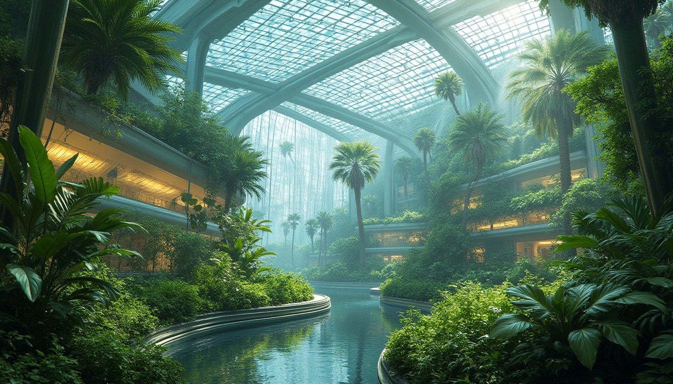 Prompt: Futuristic greenhouse, lush tropical plants, iridescent glass fa\u00e7ade, sleek metal framework, misting systems, hydroponic farming, solar panels, wind turbines, rainwater harvesting, green roofs, living walls, organic shapes, curved lines, vibrant neon lights, soft ambient glow, shallow depth of field, 1/1 composition, panoramic view, realistic textures, ambient occlusion.