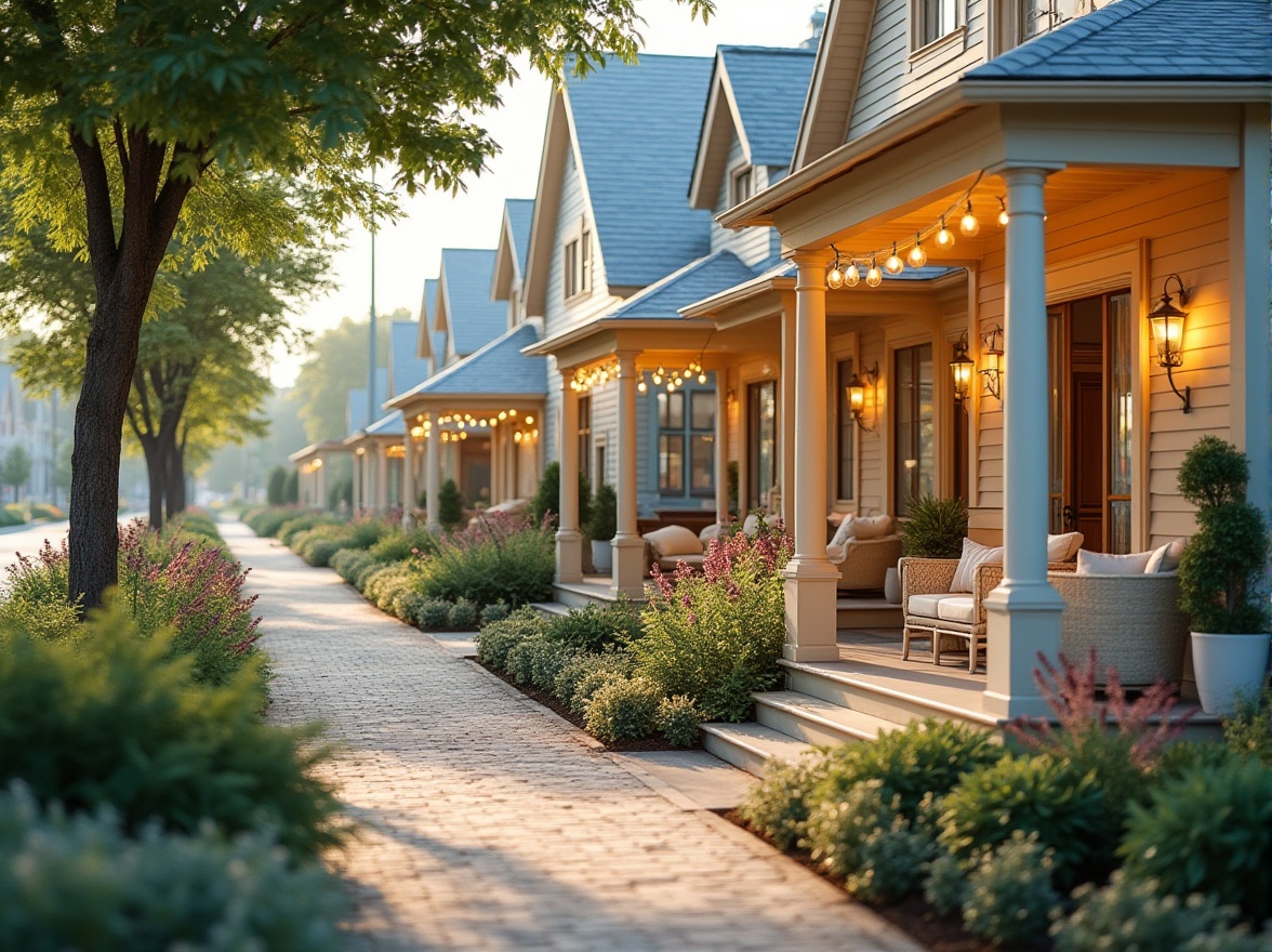 Prompt: Soft warm beige, calming blue hues, natural wood accents, lush greenery, vibrant flowers, serene residential streets, cozy porch designs, inviting front doors, elegant rooflines, charming outdoor furniture, comfortable seating areas, warm string lighting, shallow depth of field, 3/4 composition, panoramic view, realistic textures, ambient occlusion.