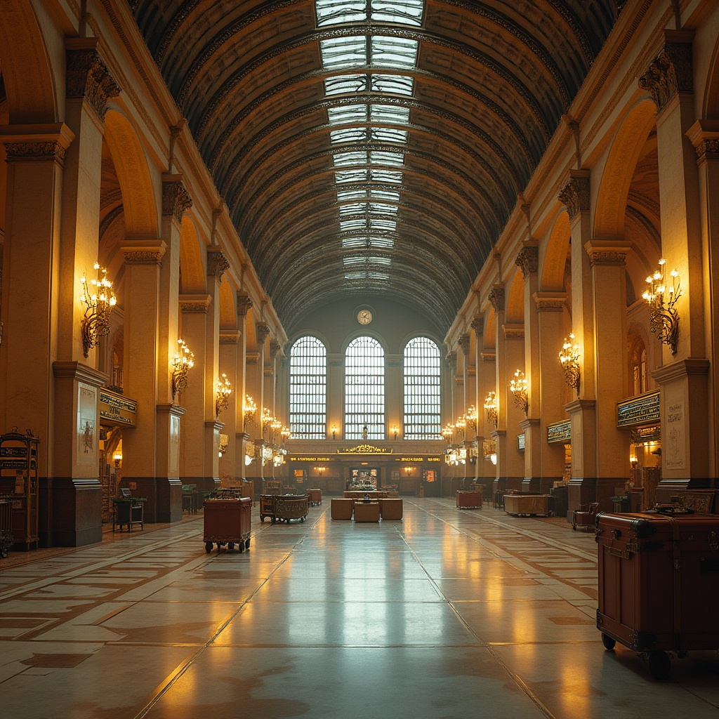 Prompt: Grandiose train station, high ceilings, ornate chandeliers, neoclassical columns, elegant arches, intricate moldings, symmetrical fa\u00e7ade, imposing clock tower, majestic entrance halls, lavish marble floors, ornamental metalwork, vintage luggage carts, nostalgic railway signs, warm golden lighting, shallow depth of field, 1/2 composition, central perspective, realistic textures, ambient occlusion.Please let me know if this meets your requirements.