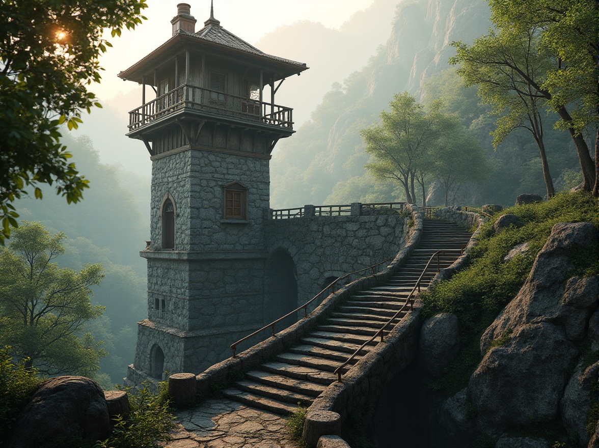 Prompt: Majestic watchtower, rugged stone walls, ancient historical significance, surrounding lush forest, misty mountainside, serene natural ambiance, warm sunlight filtering through trees, gentle rustling leaves, soft earthy scent, wooden observation decks, rustic metal railings, weathered stone stairs, panoramic views, 1/1 composition, shallow depth of field, realistic textures, ambient occlusion.