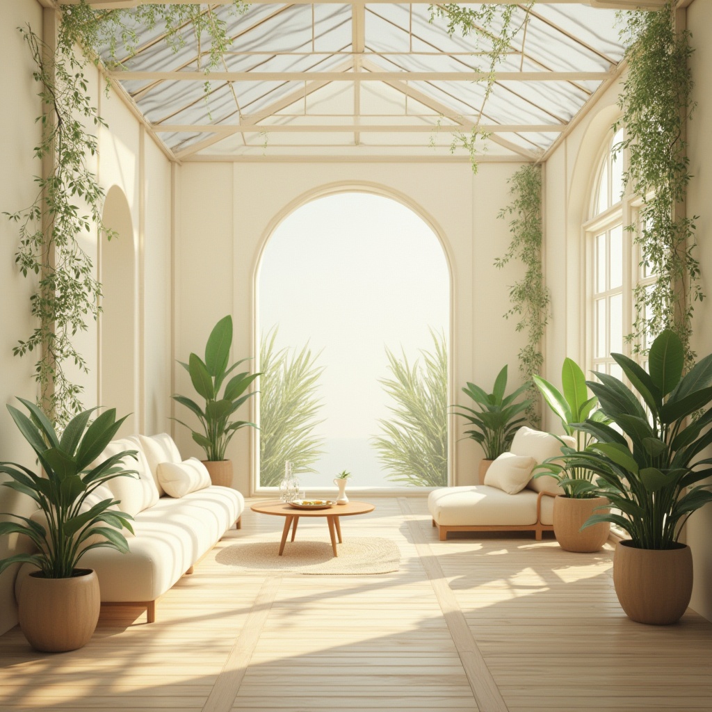 Prompt: Ethereal interior ambiance, translucent roofing, soft diffused natural light, minimal artificial lighting, creamy white walls, sleek wooden floors, modern minimalist furniture, lush greenery, delicate vines, subtle shadows, warm beige tones, gentle color palette, 1/1 composition, shallow depth of field, realistic textures, ambient occlusion.