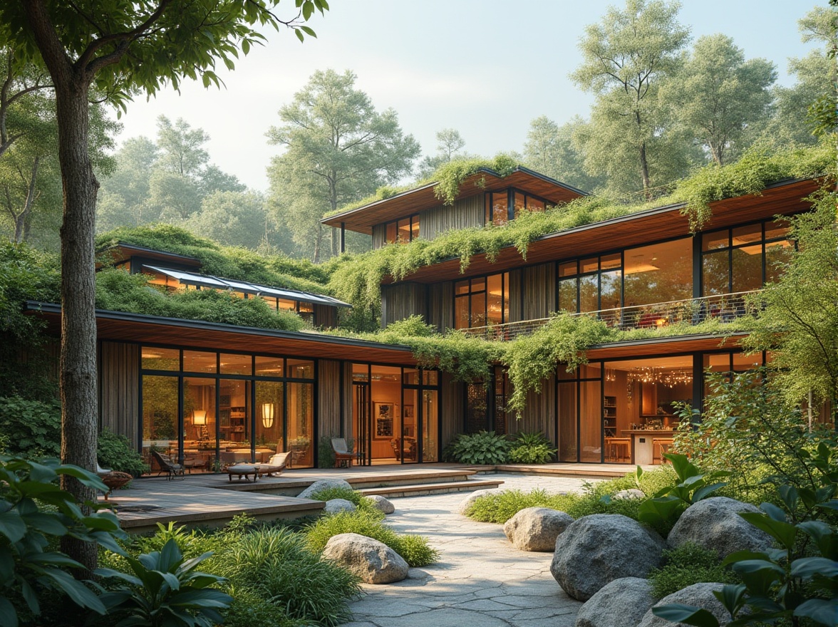 Prompt: Ecological building complex, native plant species, rainwater harvesting systems, green roofs, solar panels, wind turbines, recycled materials, natural ventilation, large windows, clerestory lighting, open floor plans, minimalist decor, reclaimed wood accents, living walls, organic shapes, earthy color palette, warm natural light, shallow depth of field, 1/2 composition, soft focus, ambient occlusion.