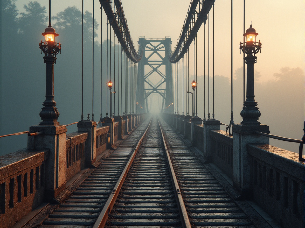 Prompt: Rustic steel bridges, weathered concrete piers, durable cable systems, robust suspension components, high-strength alloy decks, corrosion-resistant coatings, textured stone abutments, reinforced polymer railings, galvanized metal beams, industrial-style lamps, misty dawn lighting, shallow depth of field, 1/2 composition, realistic renderings, ambient occlusion.