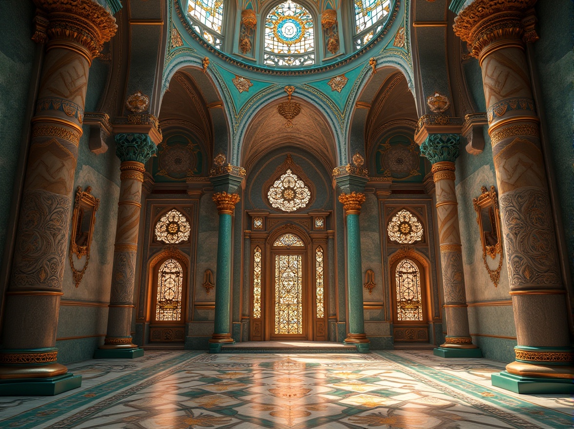 Prompt: Intricate mosaics, ornate bronze doors, lavish stained glass windows, grandiose chandeliers, opulent marble floors, sweeping archways, zigzag motifs, geometric patterns, luxurious velvet drapes, gilded accents, sacred symbols, mystical artifacts, ornamental lanterns, sculpted stone facades, tiered domes, Byzantine-inspired mosaics, vibrant turquoise hues, golden lighting, dramatic shadows, 1/2 composition, symmetrical framing, high contrast ratio.