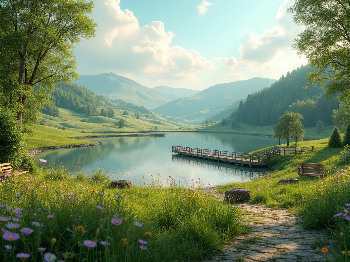 Prompt: Seamless landscape integration, rolling hills, lush green meadows, serene lakeside, wooden docks, rustic benches, natural stone pathways, meandering streams, verdant tree clusters, vibrant wildflowers, soft warm sunlight, gentle morning mist, shallow depth of field, 3/4 composition, panoramic view, realistic textures, ambient occlusion.