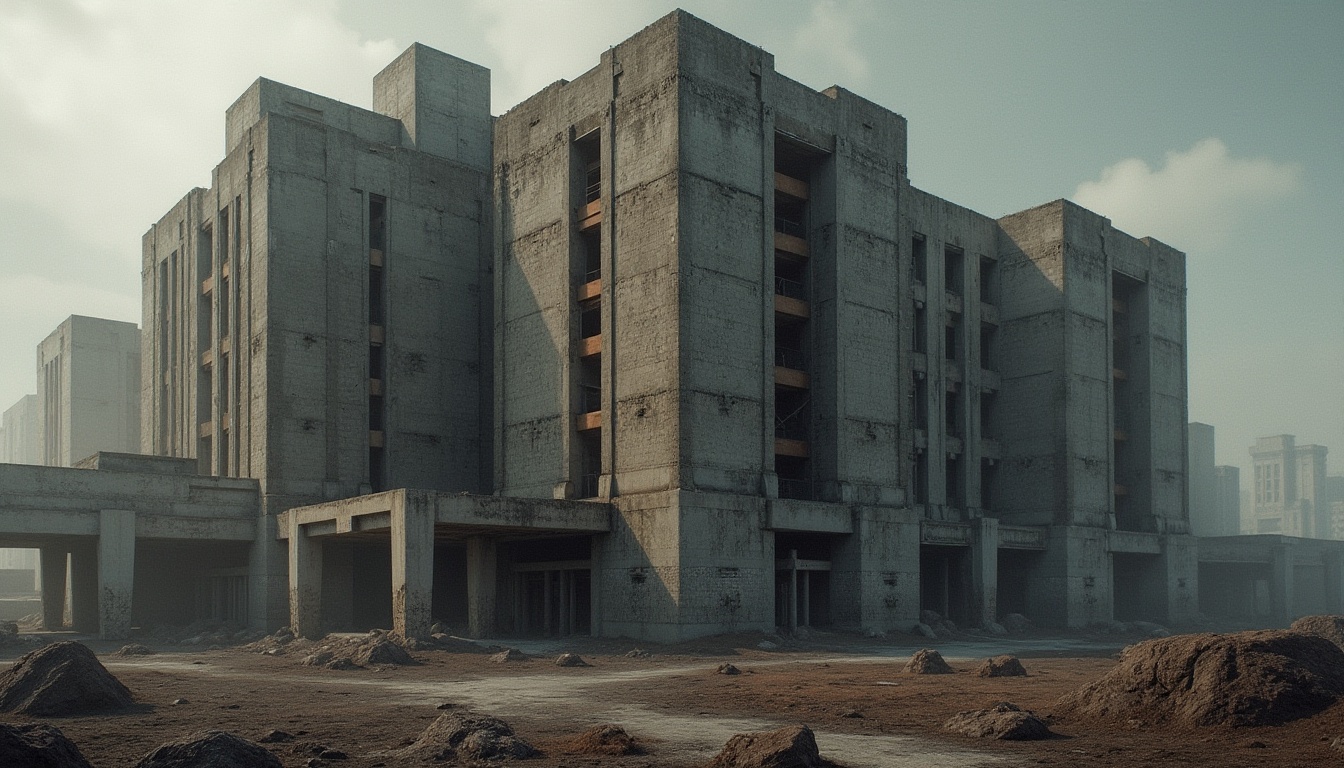 Prompt: Rugged brutalist building, raw concrete texture, exposed ductwork, industrial metal accents, distressed wood finishes, earthy tone color palette, monumental scale, fortress-like structure, urban cityscape backdrop, dramatic shadow play, low-key lighting, cinematic composition, gritty realistic rendering, atmospheric misting effect.